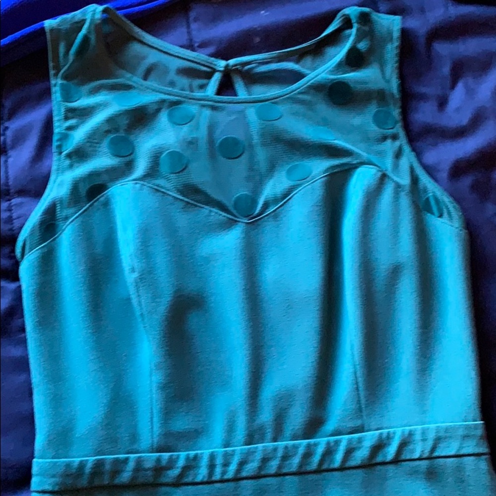 Teal dress with polka dotted mesh at top
